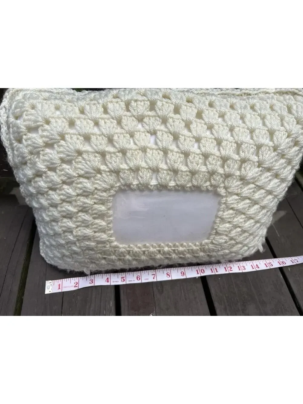 15 X 12 Rectangle Cream Crocheted Pillow With Vinyl Picture Window